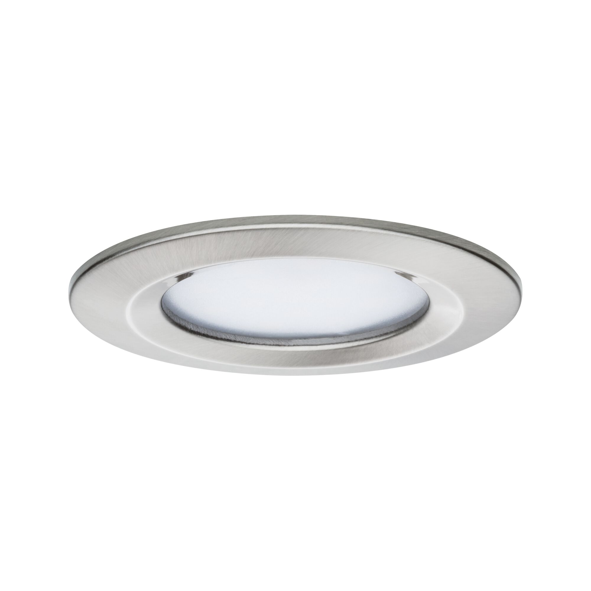 Round LED recessed light in brushed stainless steel with white diffuser for modern room lighting
