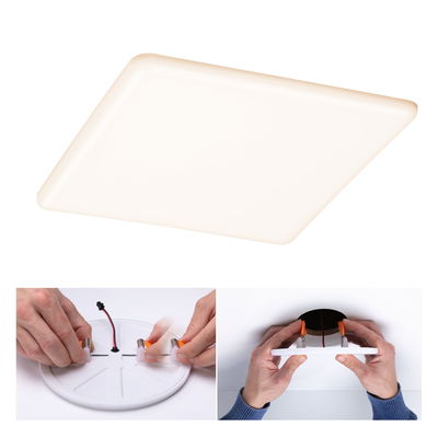 Square white LED ceiling light made of plastic with installation steps and ceiling mounting