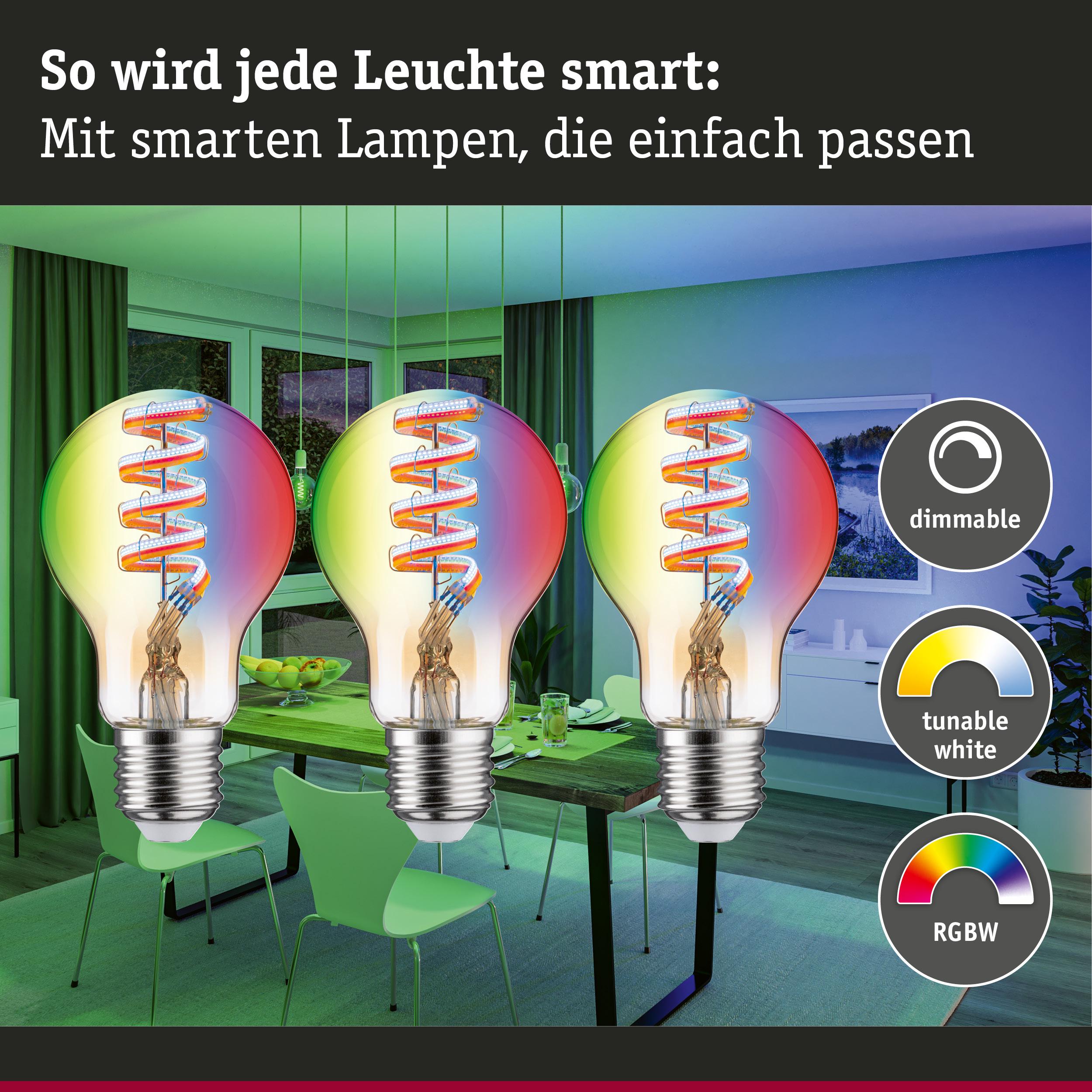 Drei smarte LED-Glühbirnen mit dimmbarer, tunbarer Weiß- und RGBW-Farbsteuerung im modernen Esszimmer.