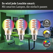 Drei smarte LED-Leuchtmittel mit dimmbarer, tunbarer Weiß- und RGBW-Farbsteuerung im modernen Esszimmer