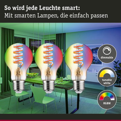 Drei smarte LED-Glühbirnen mit dimmbarer, tunbarer Weiß- und RGBW-Farbsteuerung im modernen Esszimmer.