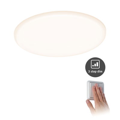 Round white LED ceiling light with 3-step dimming and wall switch for versatile home lighting