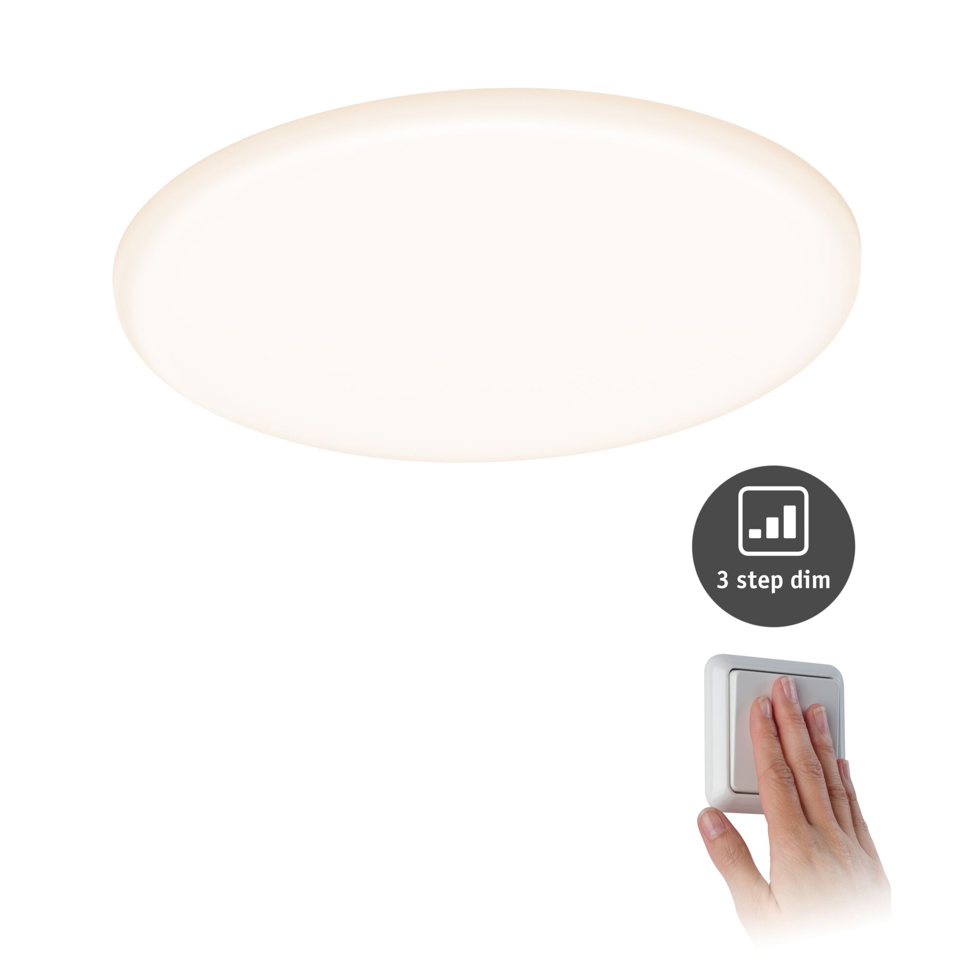 Round white LED ceiling light with 3-step dimming and wall switch for versatile home lighting