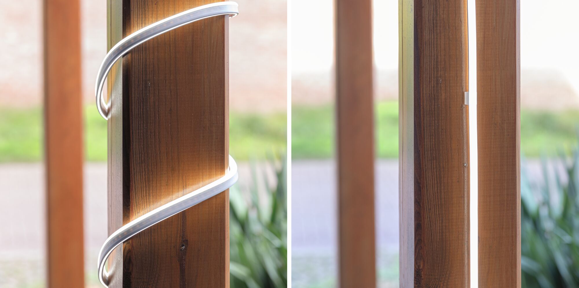 Flexibles LED-Lichtband in Weiß um Holzpfosten gewickelt für dekorative Außenbeleuchtung