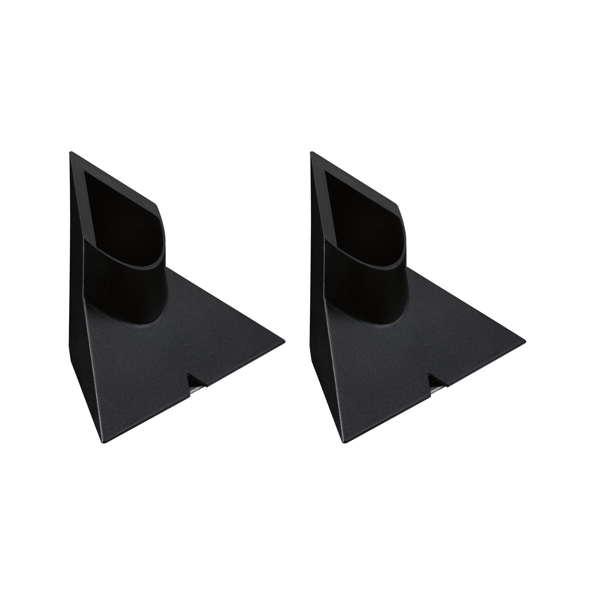 Twee zwarte kunststof wandhouders met schuine opening voor LED-verlichting of kabelmontage
