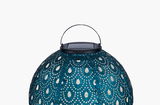 Round blue metal solar light with decorative perforated pattern and handle for outdoor use.