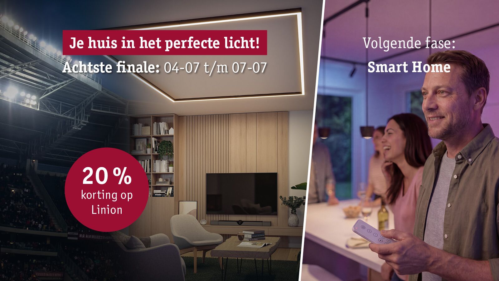 Modern woonkamer met LED-plafondverlichting in houtlook en afstandsbediening voor smart home verlichting