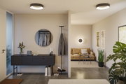 Modernes Wohnzimmer mit braunem Sofa, schwarzer Garderobe und runden Deckenleuchten in Schwarz und Weiß