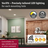 Modern living room with dimmable smart white LED ceiling lights controllable via app and voice command