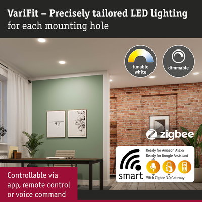 Modern living room with dimmable smart white LED ceiling lights controllable via app and voice command