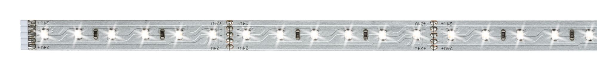 Long LED strip with white LEDs on silver circuit board for flexible lighting solutions.