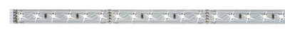 Long LED strip with white LEDs on silver circuit board for flexible lighting solutions.