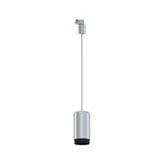 Modern silver metal LED pendant light with black shade for indoor lighting and home decor
