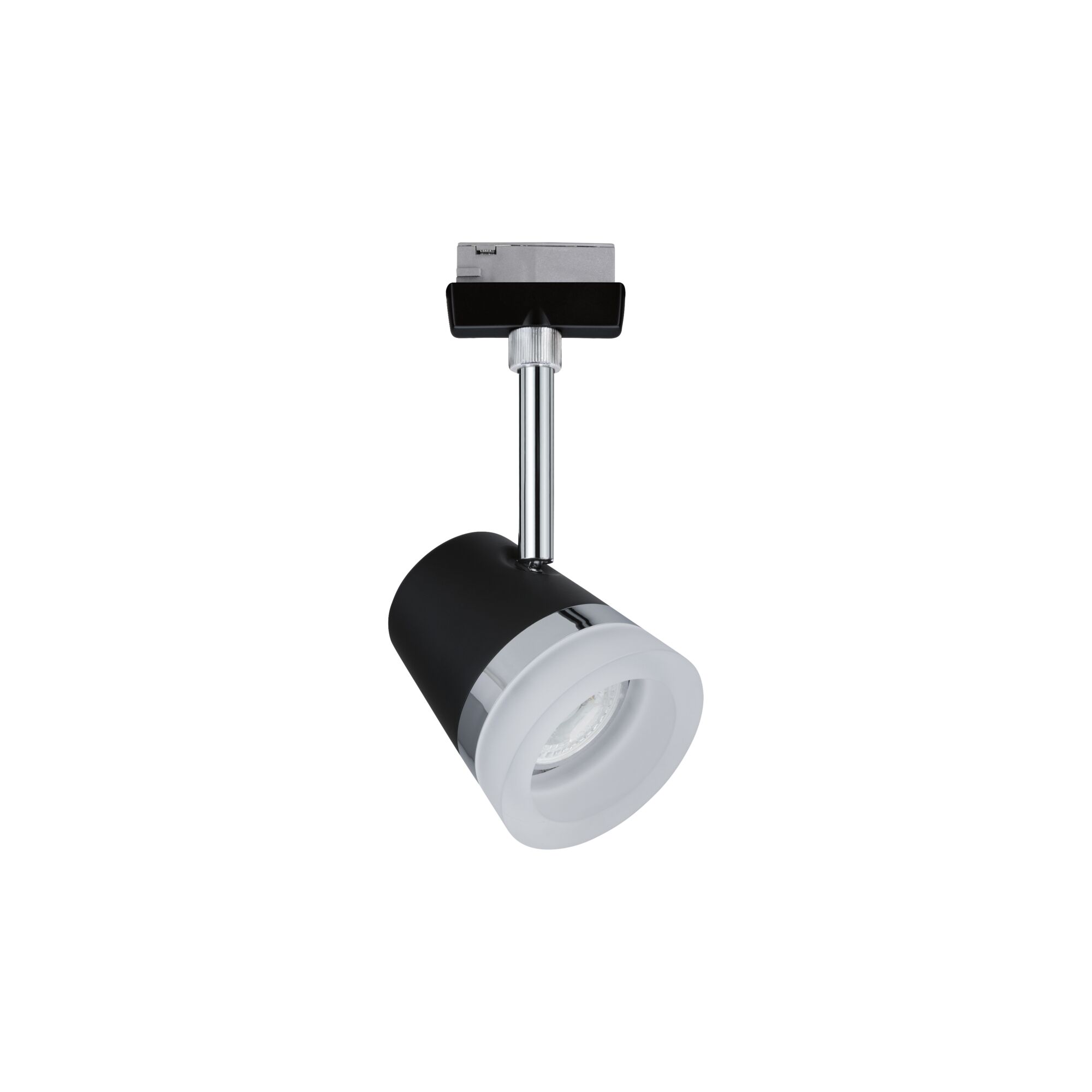 Black LED spotlight with white diffuser and chrome accents for modern indoor lighting