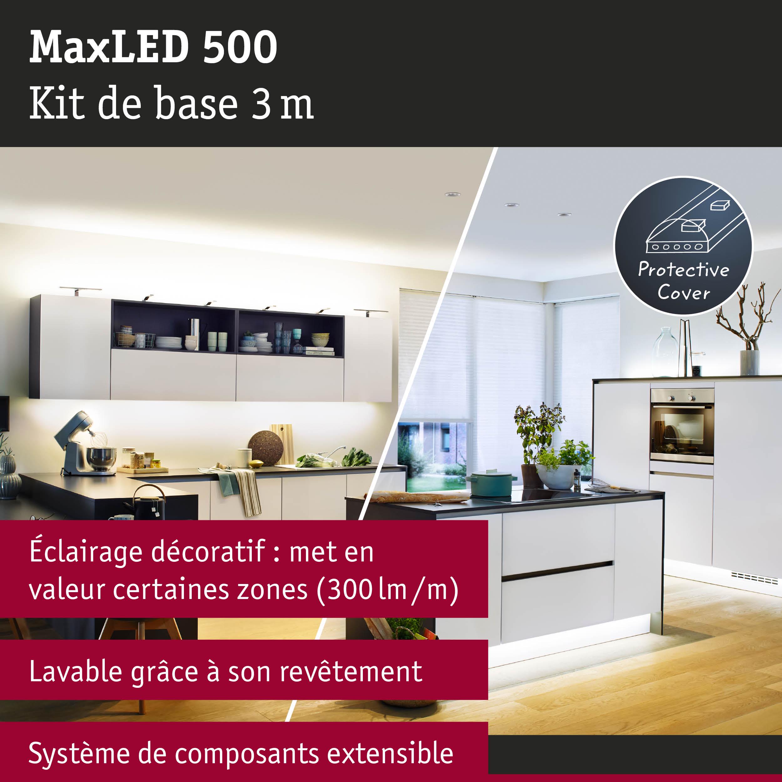 Kit MaxLED 500 3 m avec éclairage LED, revêtement lavable et système extensible pour cuisine décorative