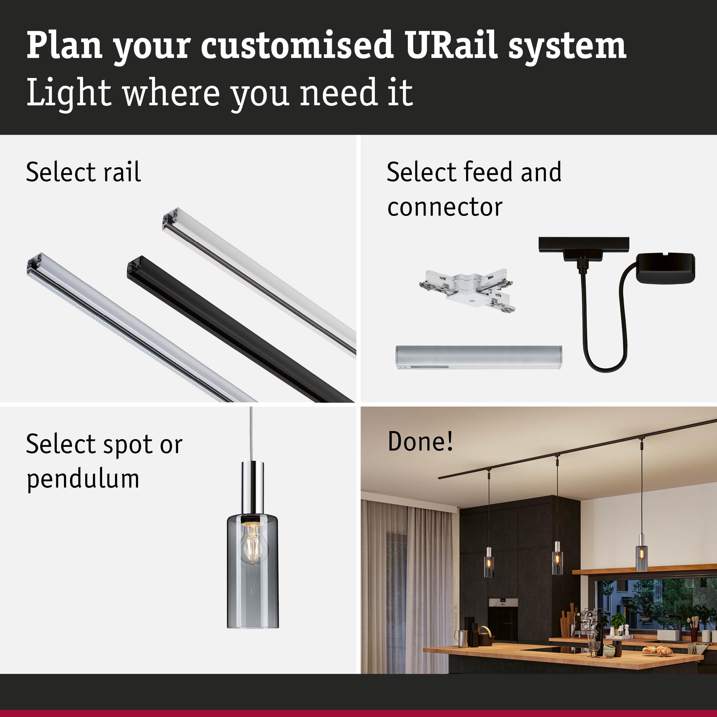 Guide to customize URail lighting system with rails, connectors, and pendant lights in kitchen setting