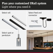 Modular URail aluminium rail system in black and white with spot and pendant lights for custom lighting