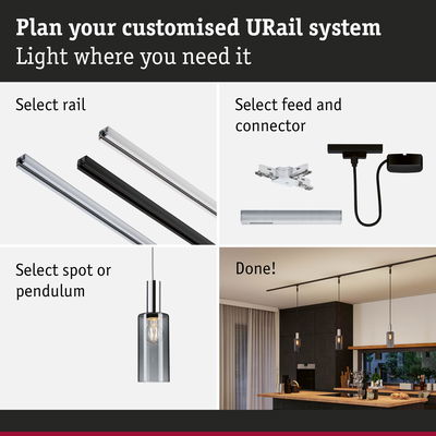 Guide to customize URail lighting system with rails, connectors, and pendant lights in kitchen setting