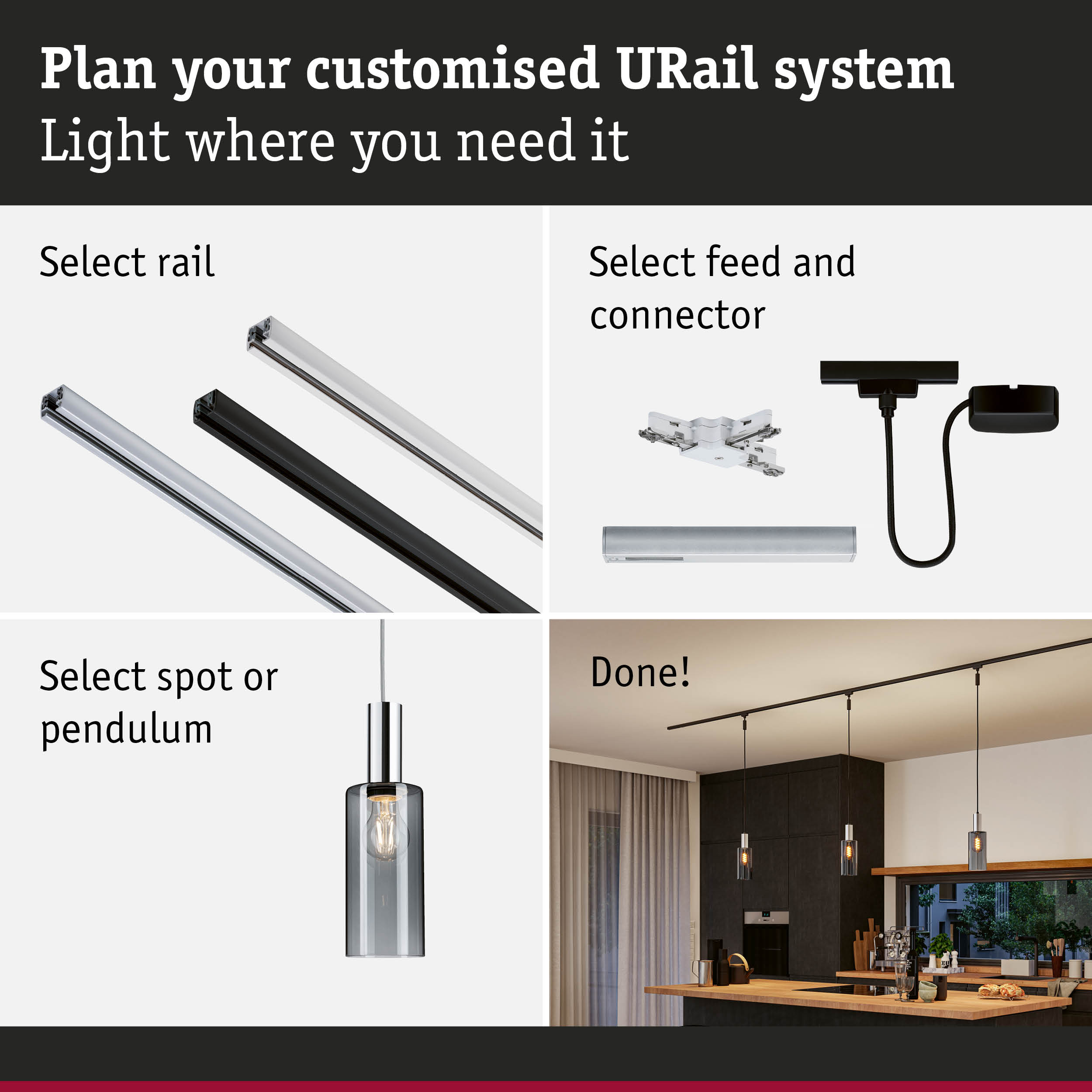 Modular URail aluminium rail system in black and white with spot and pendant lights for custom lighting