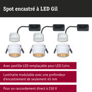 Trois spots encastrés LED blancs avec intérieur doré et câblage noir pour éclairage LED