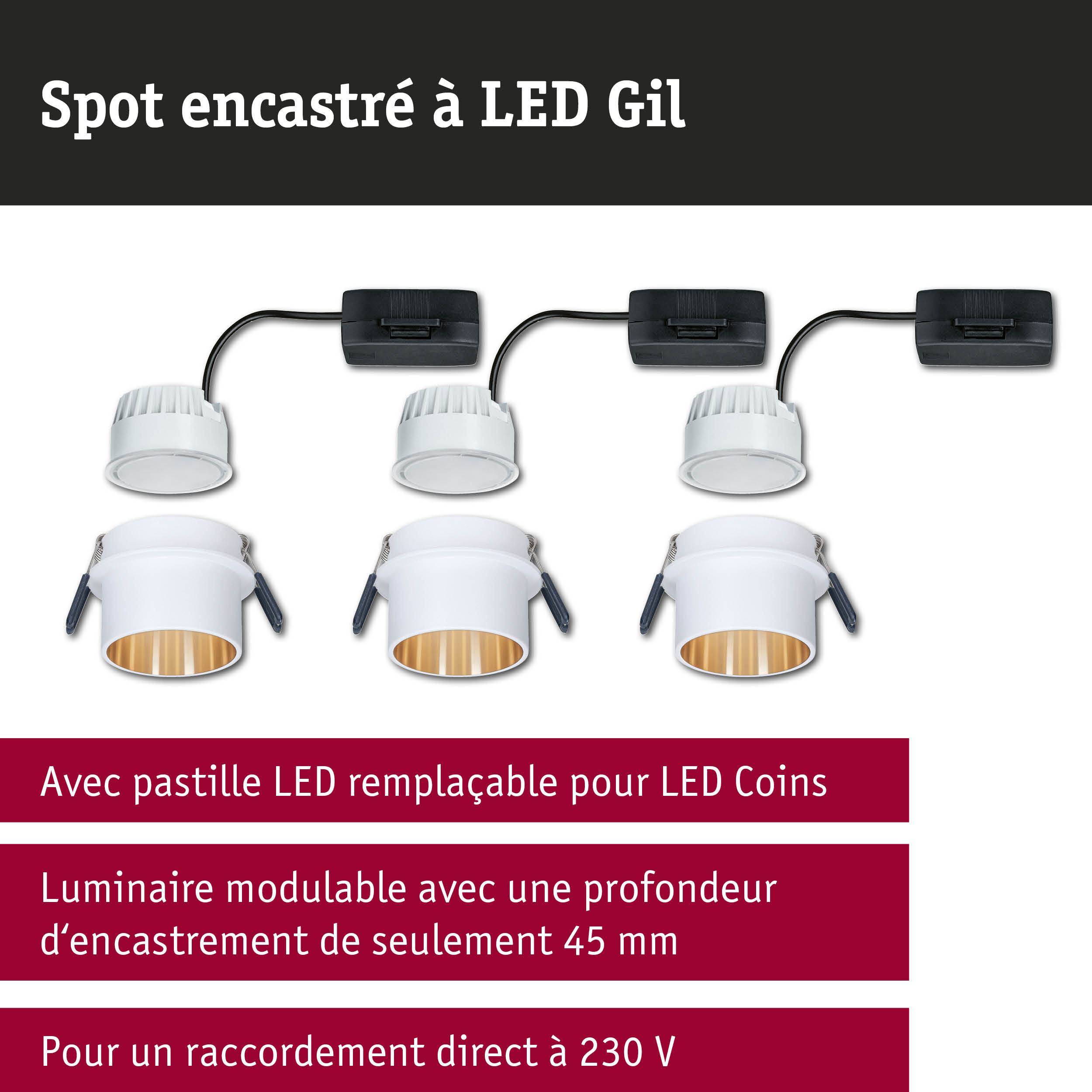 Trois spots encastrés LED blancs avec intérieur doré et câblage noir pour éclairage LED
