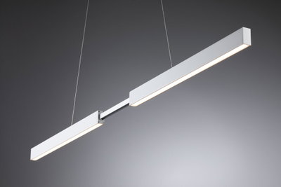 Modern white metal LED pendant light with warm white illumination for office and living space