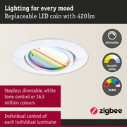White LED recessed spotlight with replaceable LED coin and dimmable tunable RGBW light colour