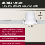 Weißer LED-Einbaustrahler mit 35 mm Einbautiefe und 20° Neigung, einfache Montage ohne Trafo