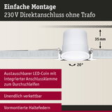 Weißer LED-Einbaustrahler mit 35 mm Einbautiefe und 20° Neigung für einfache 230V Direktmontage