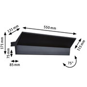 Schwarze Metall-Wandleuchte mit Abdeckung, Maße und Winkel für moderne Innenbeleuchtung.