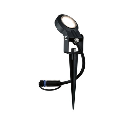 Black LED garden spotlight with ground spike and cable connector for outdoor lighting and garden use.