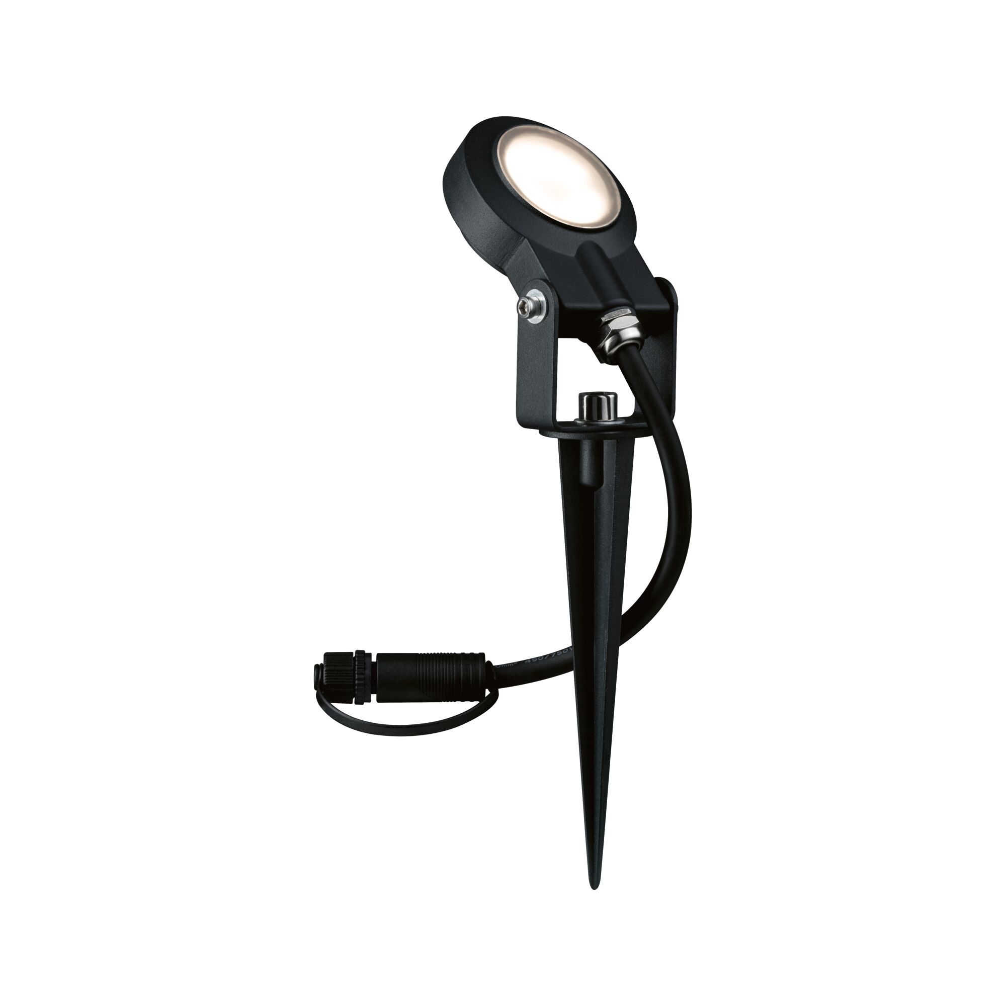 Schwarze LED-Gartenleuchte mit Erdspieß und Kabelanschluss für Außenbeleuchtung und Gartenlicht.