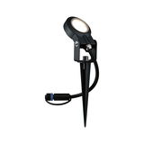 Black LED garden spotlight with ground spike and cable connector for outdoor lighting and garden use.