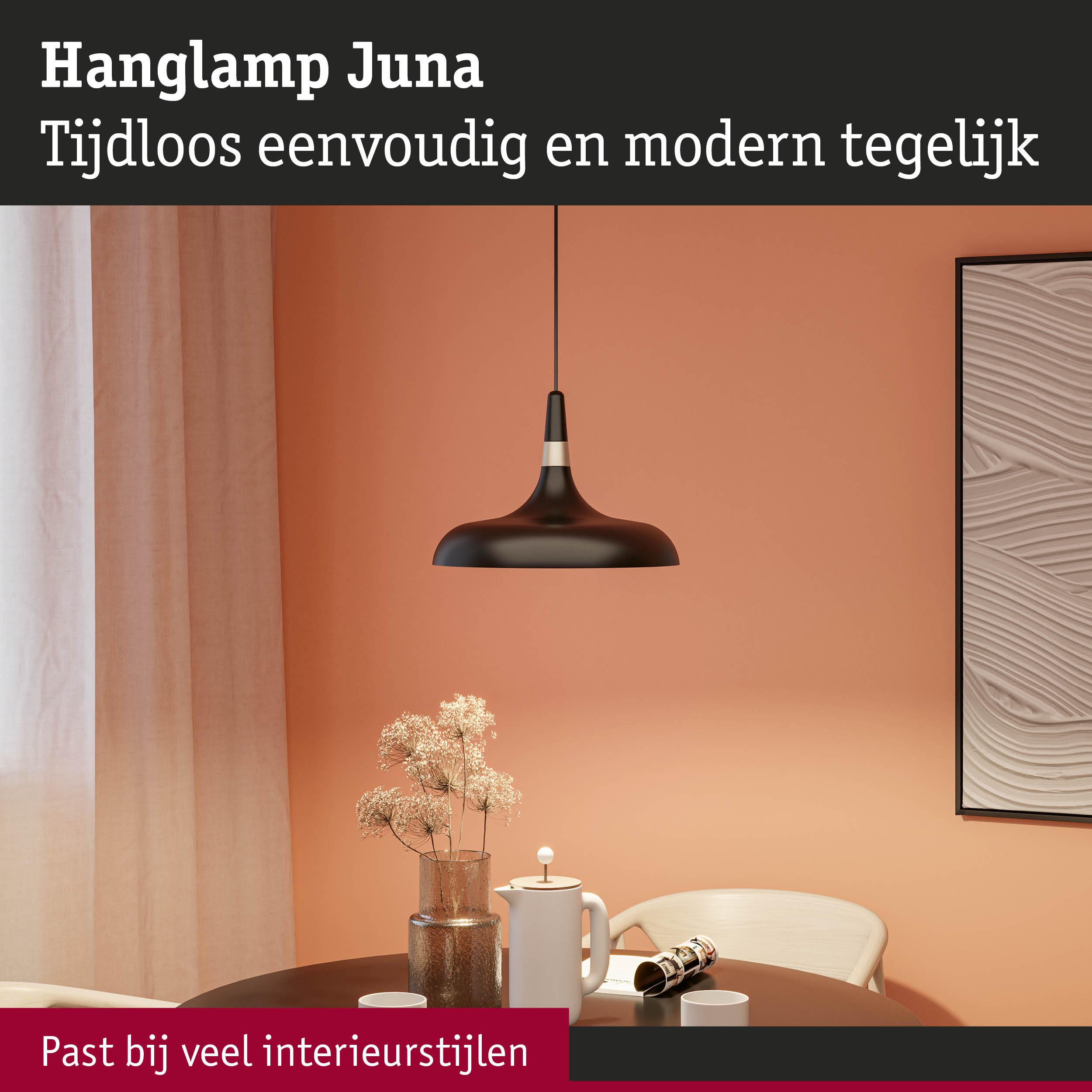 Zwarte metalen hanglamp Juna met modern design, passend bij diverse interieurstijlen
