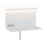 Moderne witte metalen wandlamp met plank en twee zilveren draaiknoppen voor lichtregeling