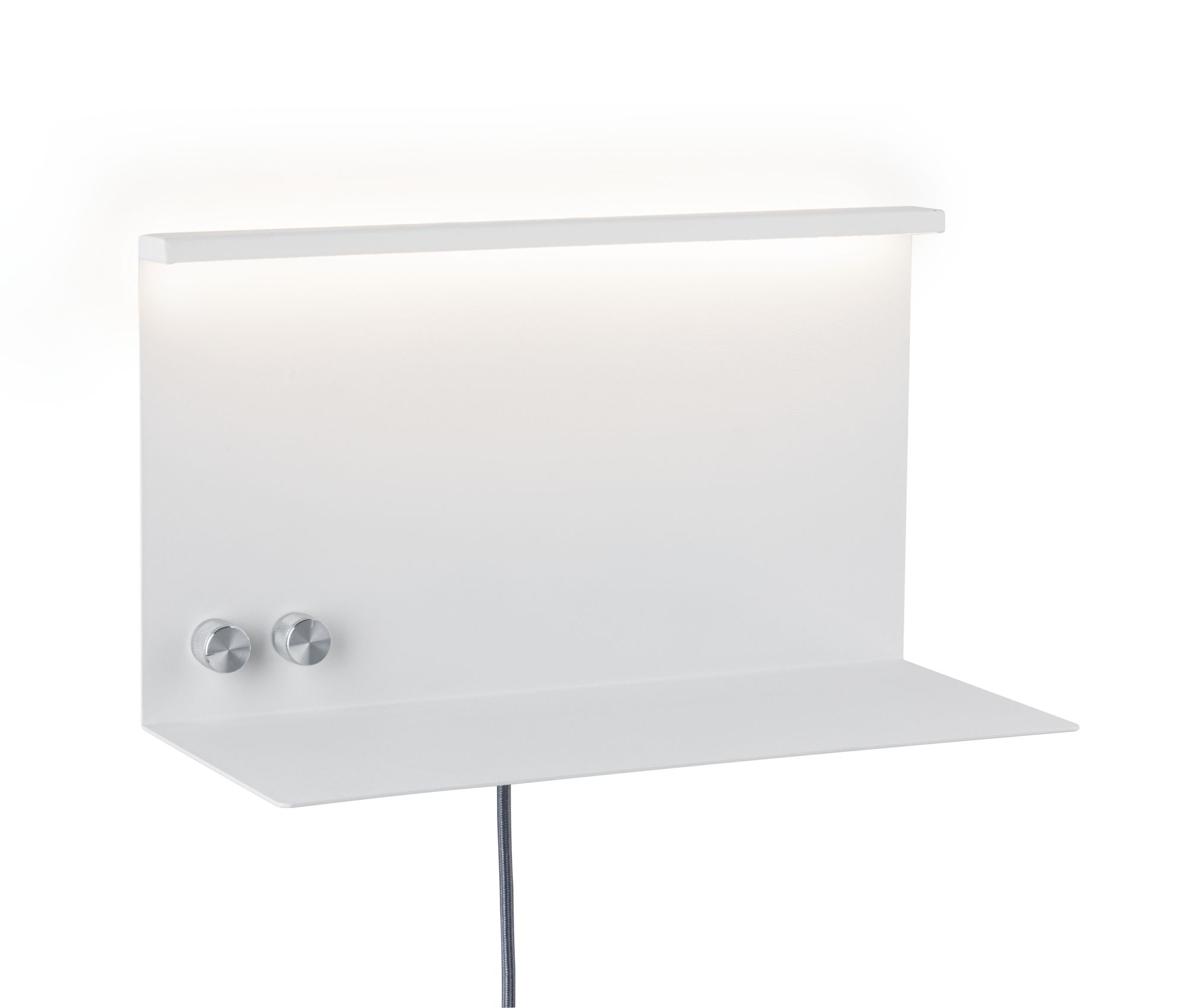 Witte metalen wandplank met LED-verlichting en twee zilveren knoppen voor modern lichtontwerp