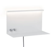 White metal wall shelf with LED light and two silver knobs for modern lighting design
