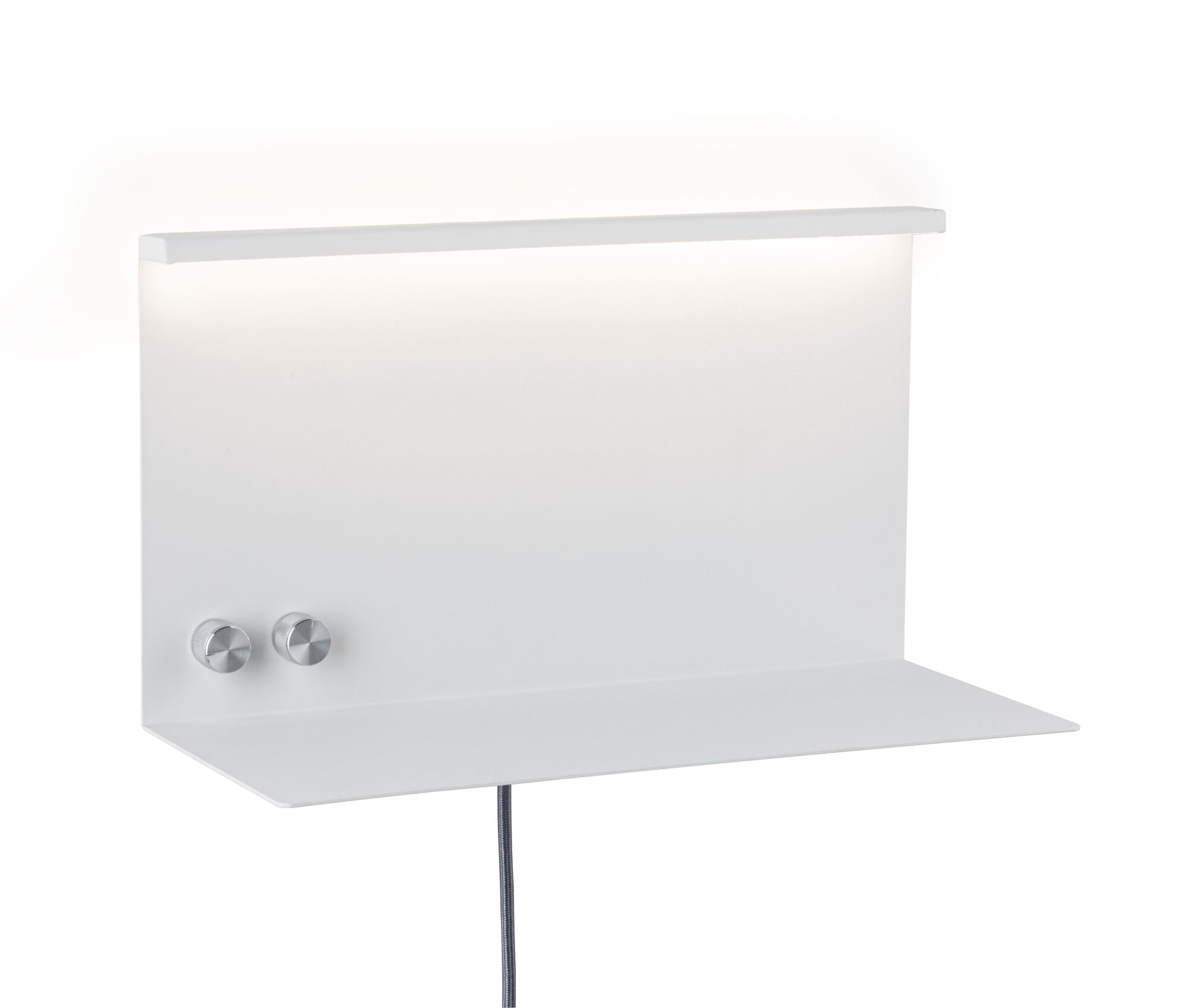 Weißer Metall-Wandregal mit LED-Beleuchtung und zwei silbernen Drehknöpfen für modernes Lichtdesign