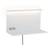 Weißer Metall-Wandregal mit LED-Beleuchtung und zwei silbernen Drehknöpfen für modernes Lichtdesign