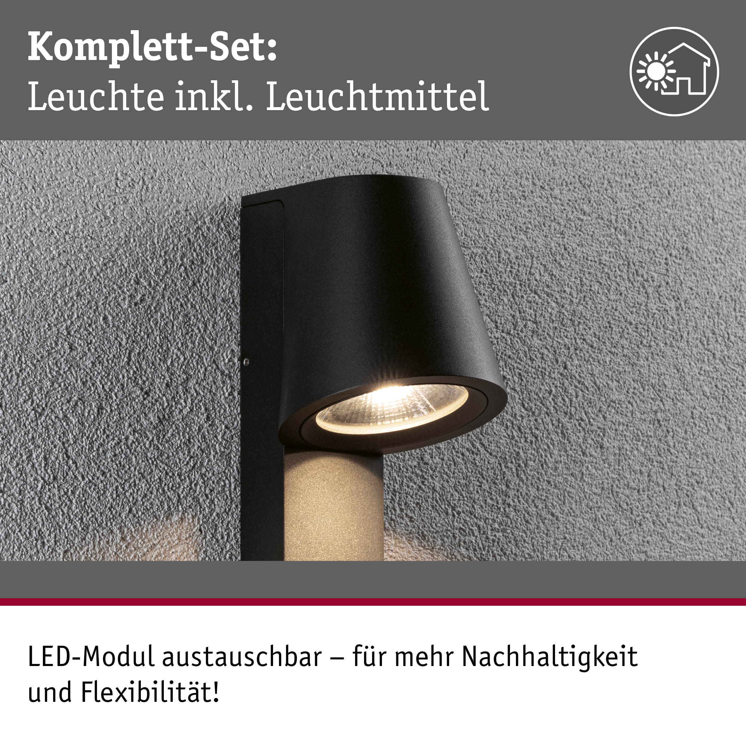 Schwarze Außenwandleuchte aus Metall mit austauschbarem LED-Modul für nachhaltige Beleuchtung