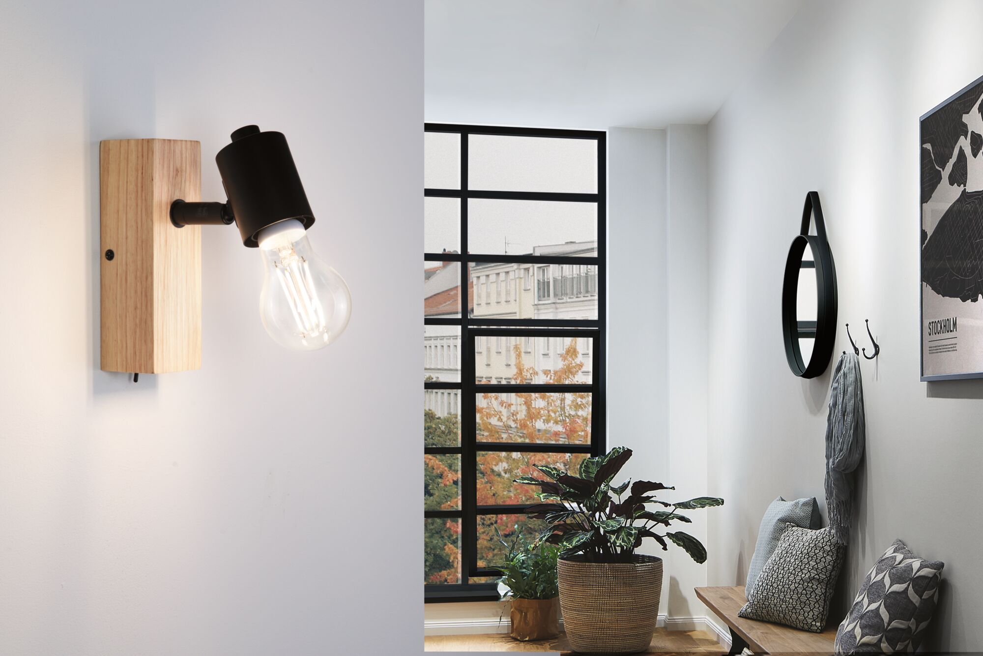 Moderner Wandleuchter aus Holz mit schwarzem Metallkopf und sichtbarer LED-Glühbirne im Flur.