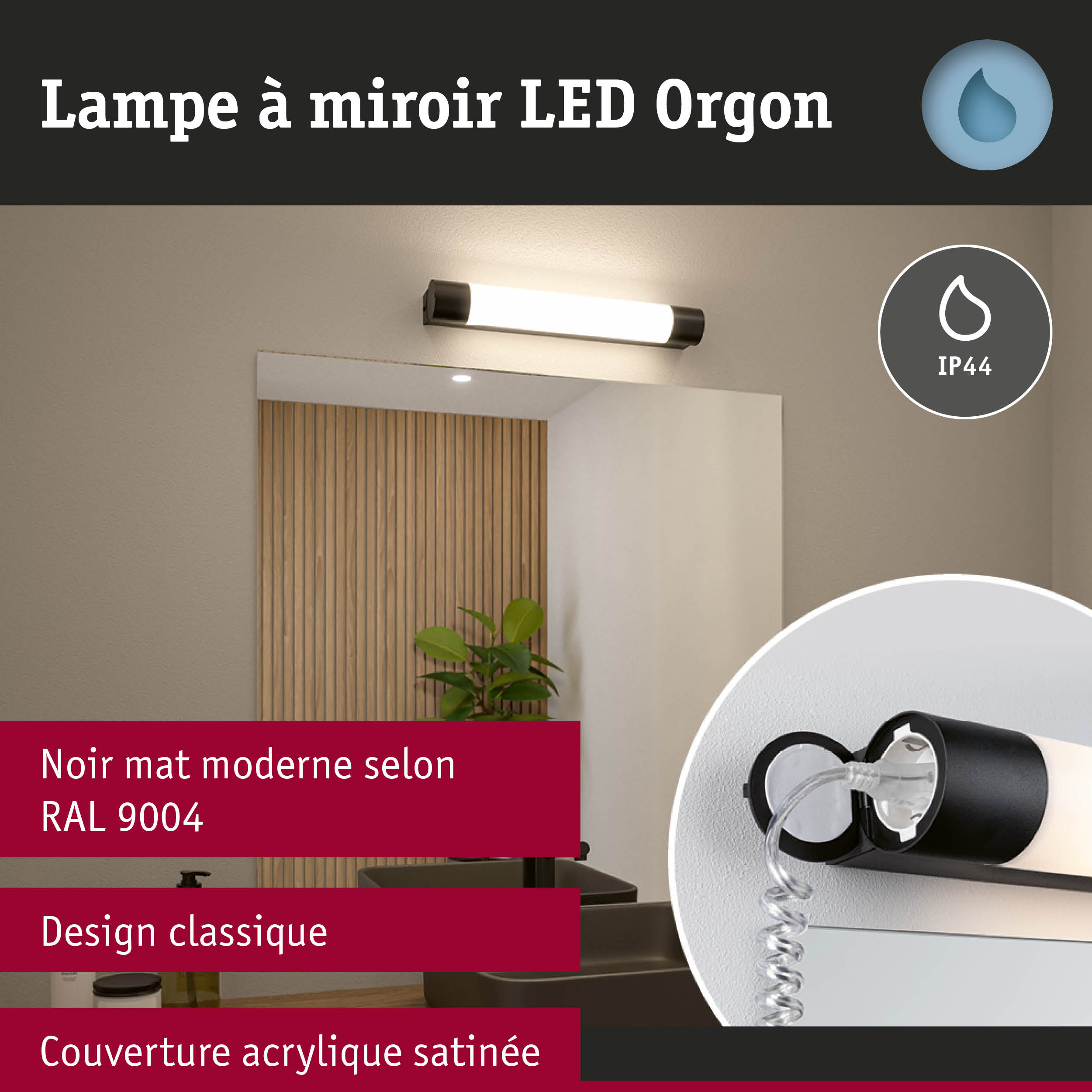 Lampe LED miroir Orgon noir mat avec couverture acrylique satinée et design classique