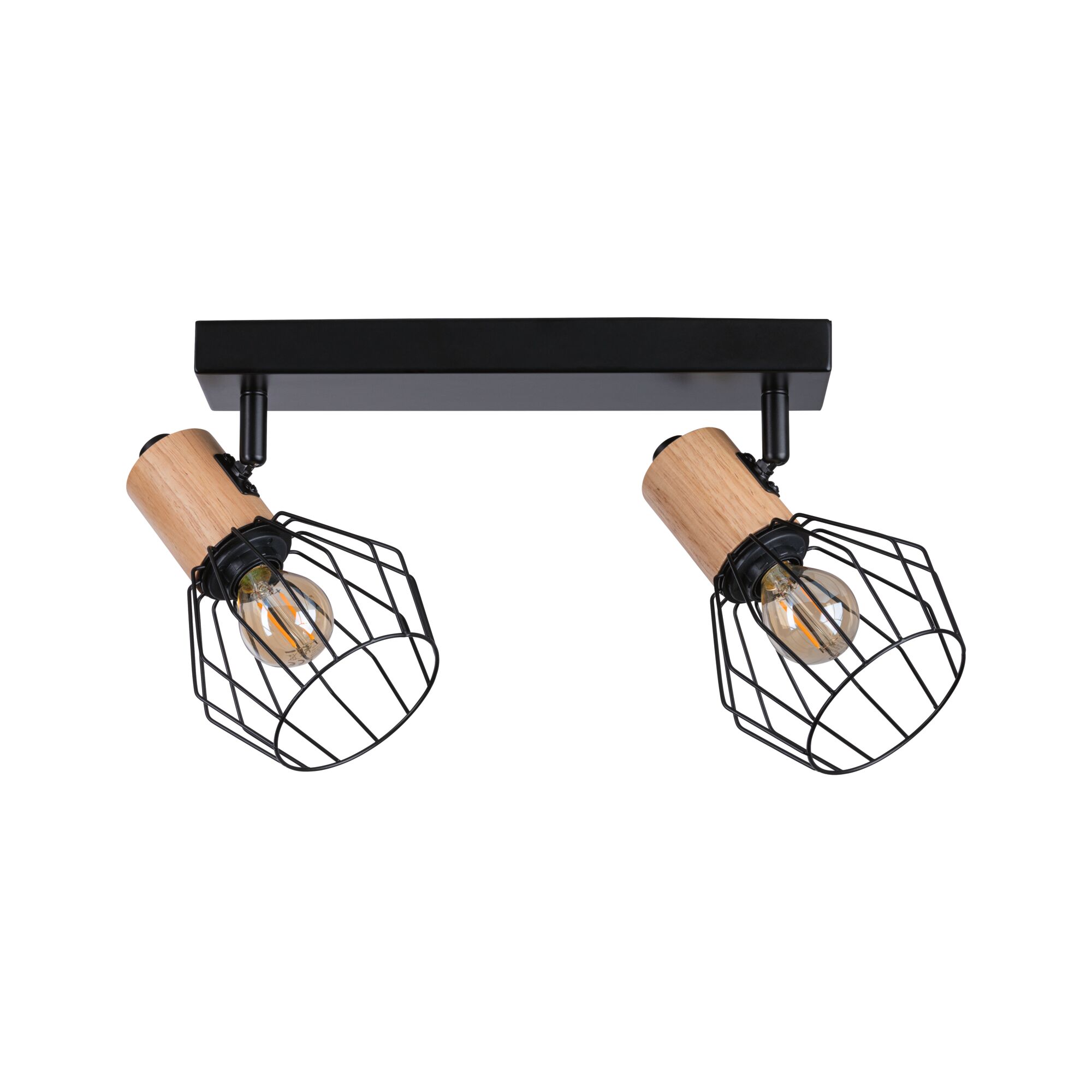 Spot de plafond avec deux cages métalliques noires et détails en bois, style industriel moderne pour intérieur.
