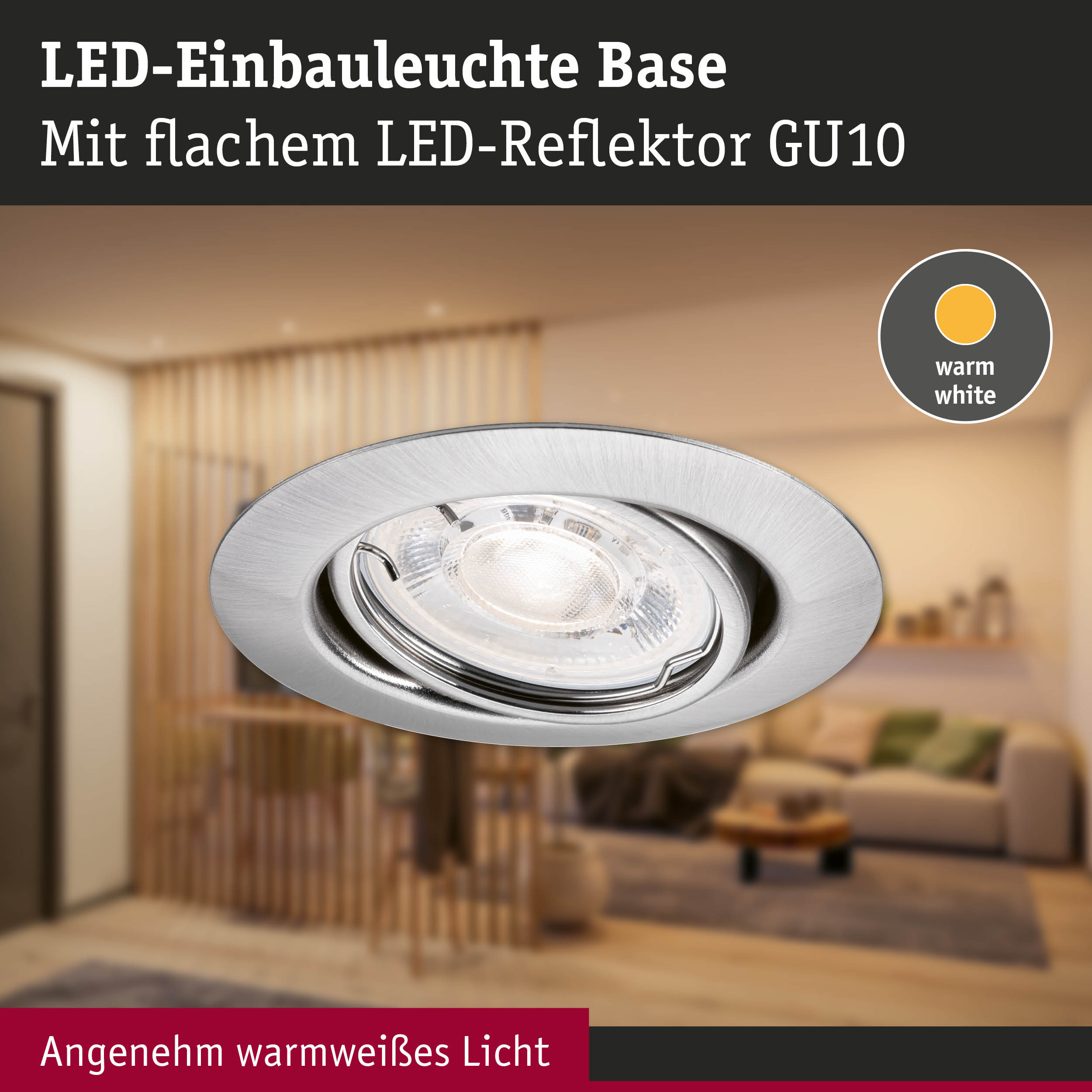 LED-Einbauleuchte Base aus gebürstetem Aluminium mit warmweißem Licht und GU10 LED-Reflektor