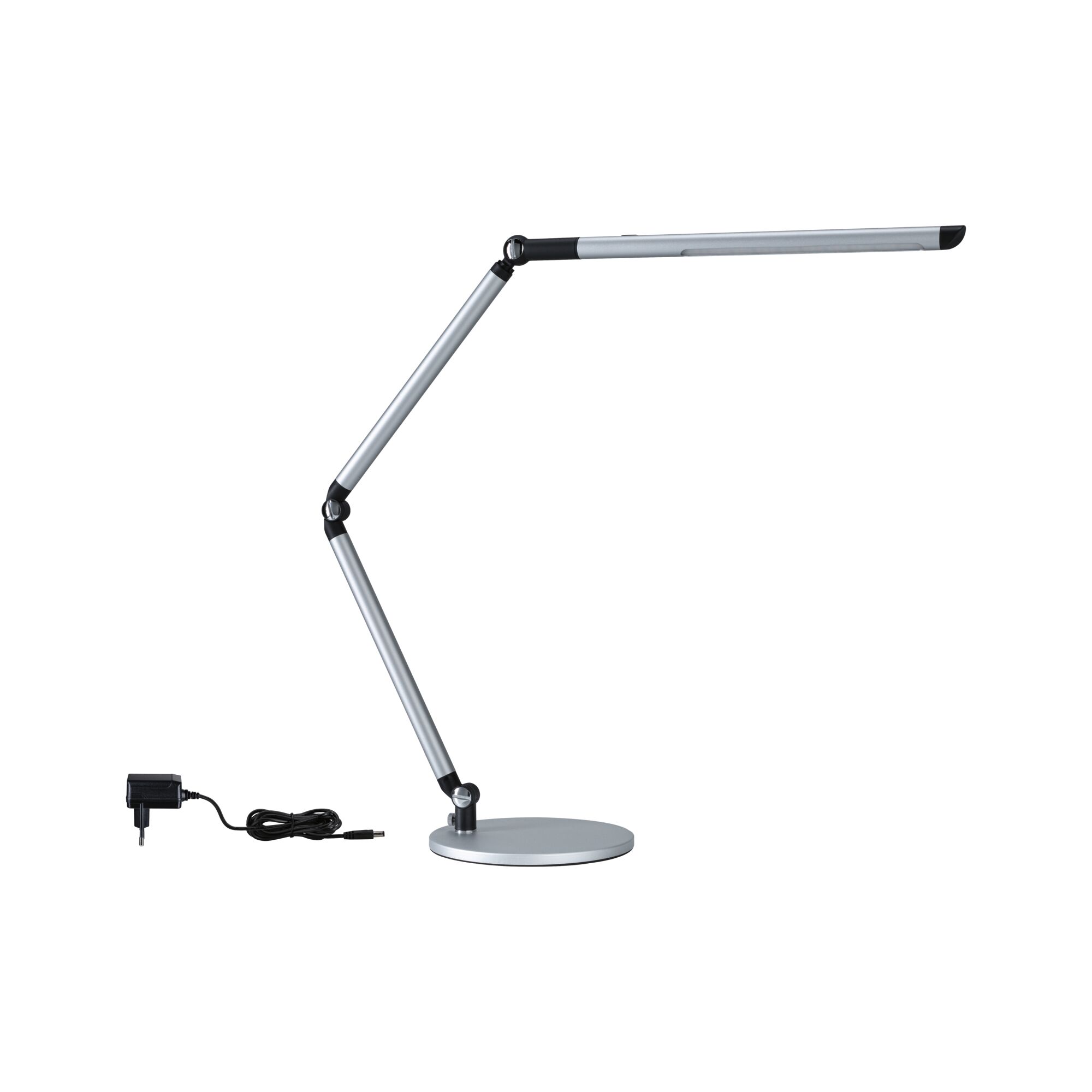 Modern silver metal LED desk lamp with adjustable arm and power adapter for office lighting