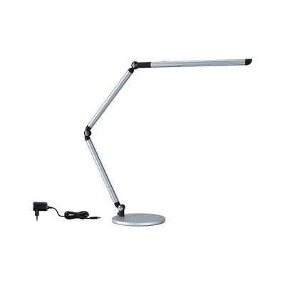 Lampe de bureau LED moderne en métal argenté avec bras réglable et adaptateur secteur pour éclairage de bureau