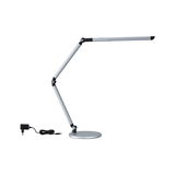 Modern silver metal LED desk lamp with adjustable arm and power adapter for office lighting