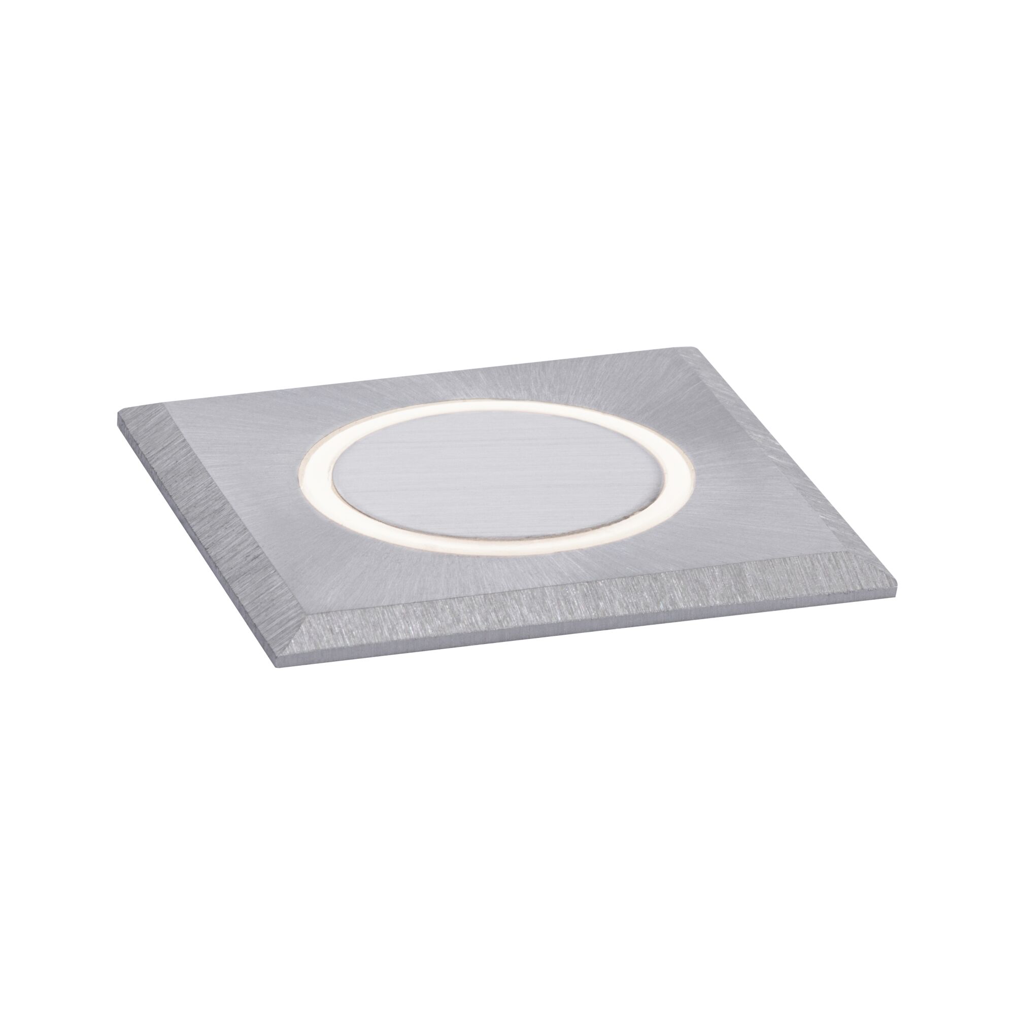 Quadratischer LED-Einbaustrahler aus gebürstetem Aluminium in Silber mit warmweißem Licht