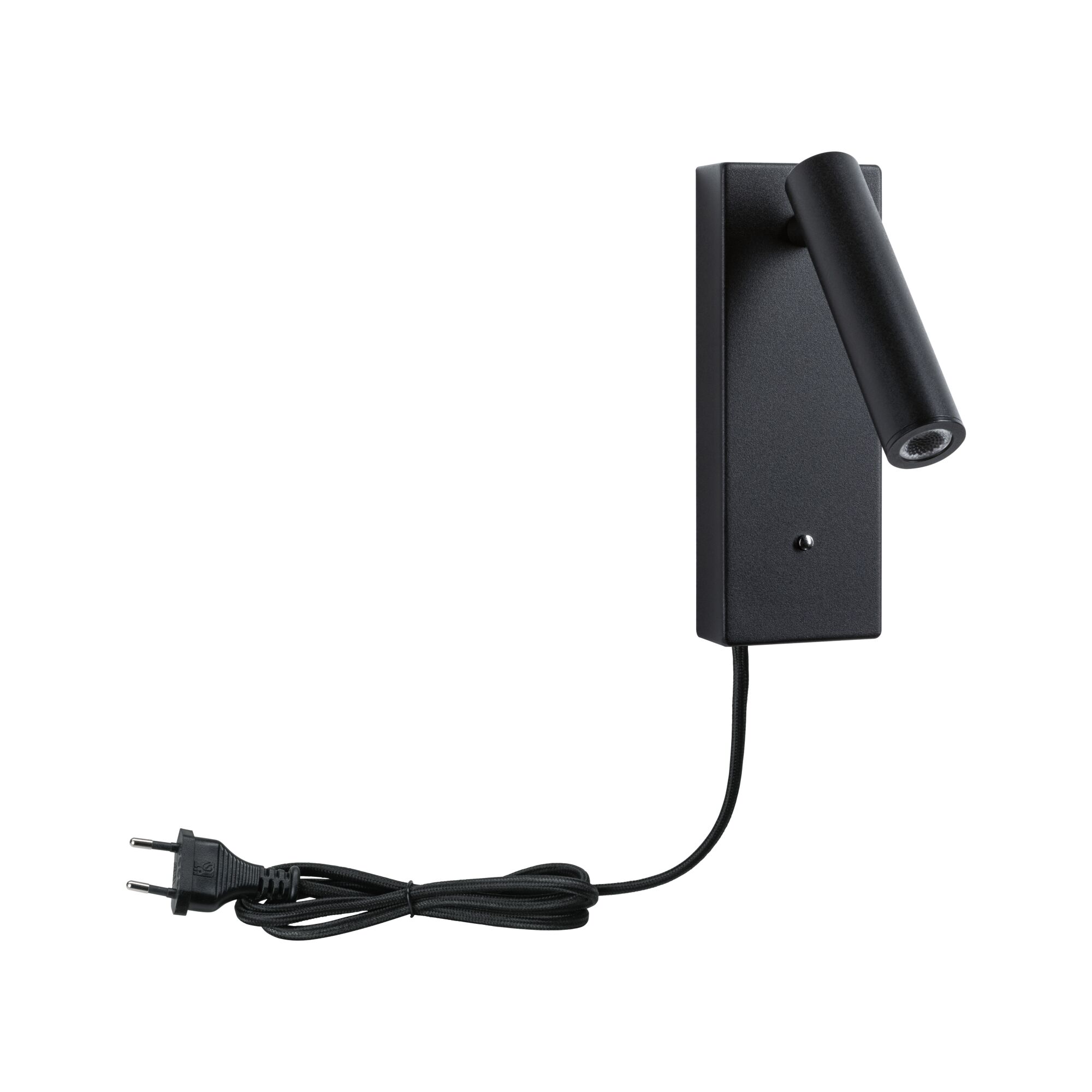 Black metal LED wall light with adjustable head and power cord for modern indoor lighting