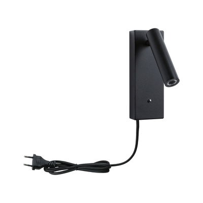 Black metal LED wall light with adjustable head and power cord for modern indoor lighting